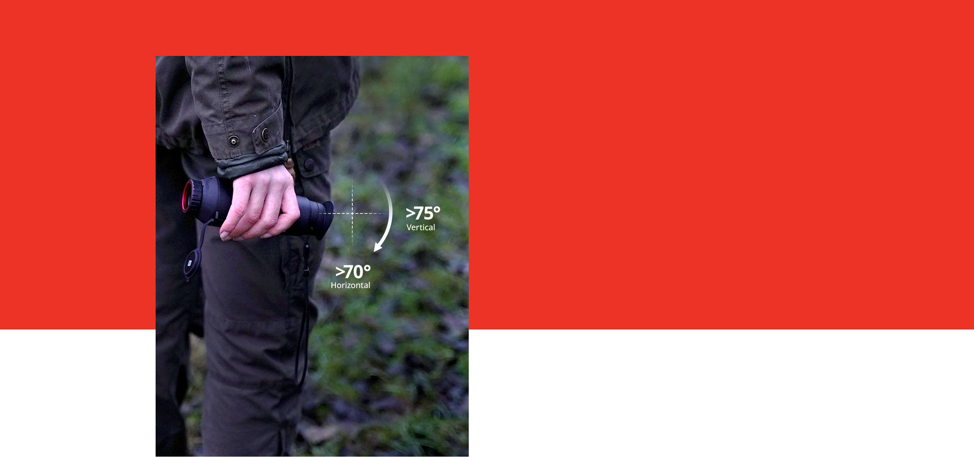 L'algorithme intégré détecte automatiquement la position exacte du HIKMICRO LYNX 2.0 et active la fonction d'extinction automatique de l'écran. HIKMICRO LYNX 2.0 se met automatiquement en attente en cas d'inclinaison latérale de 75° ainsi qu'en cas d'inclinaison vers le bas ou vers le haut de 70°.